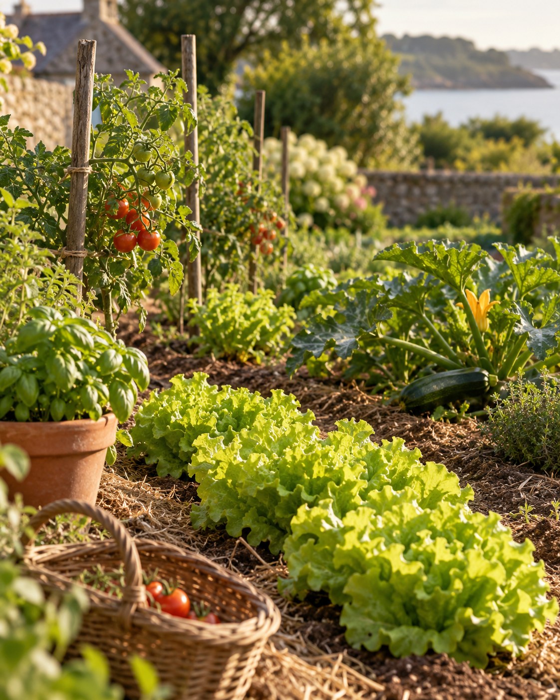 Tomates, basilic et jeunes salades dans un petit potager ensoleillé
